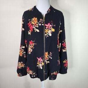 Ava & Viv Women's Full Zip Jacket Size 0X Floral Reglan Sleeves Black
